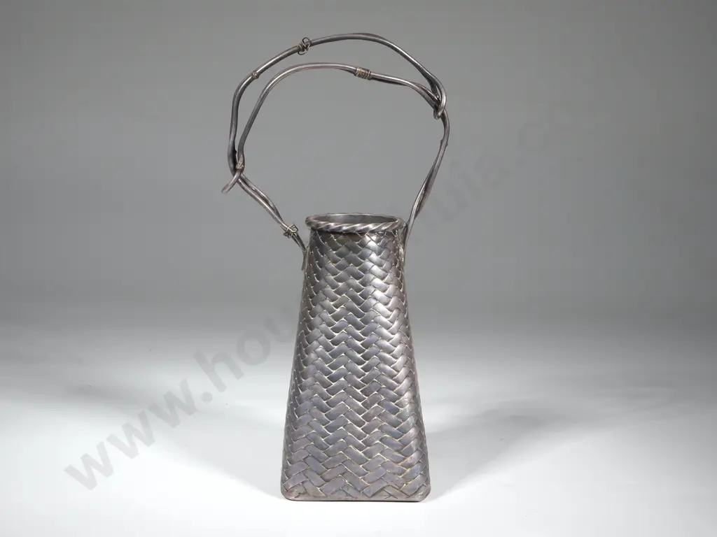 Antique Japanese Sterling Silver Woven Basket with Handle. Japanese Marks Below - Sanki Sei (Made By Sanki) Image 1++