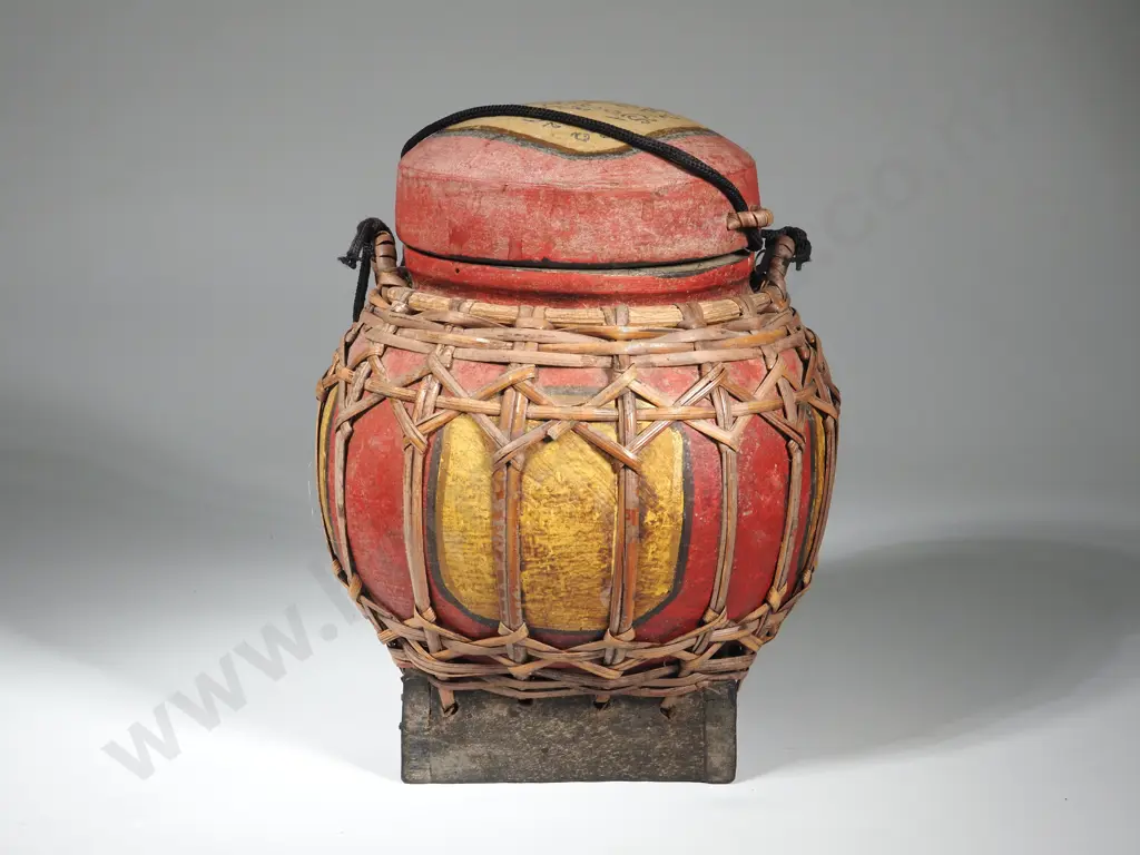 Round Vintage Thai Asian Rice Seed Basket Handpainted Image 1++