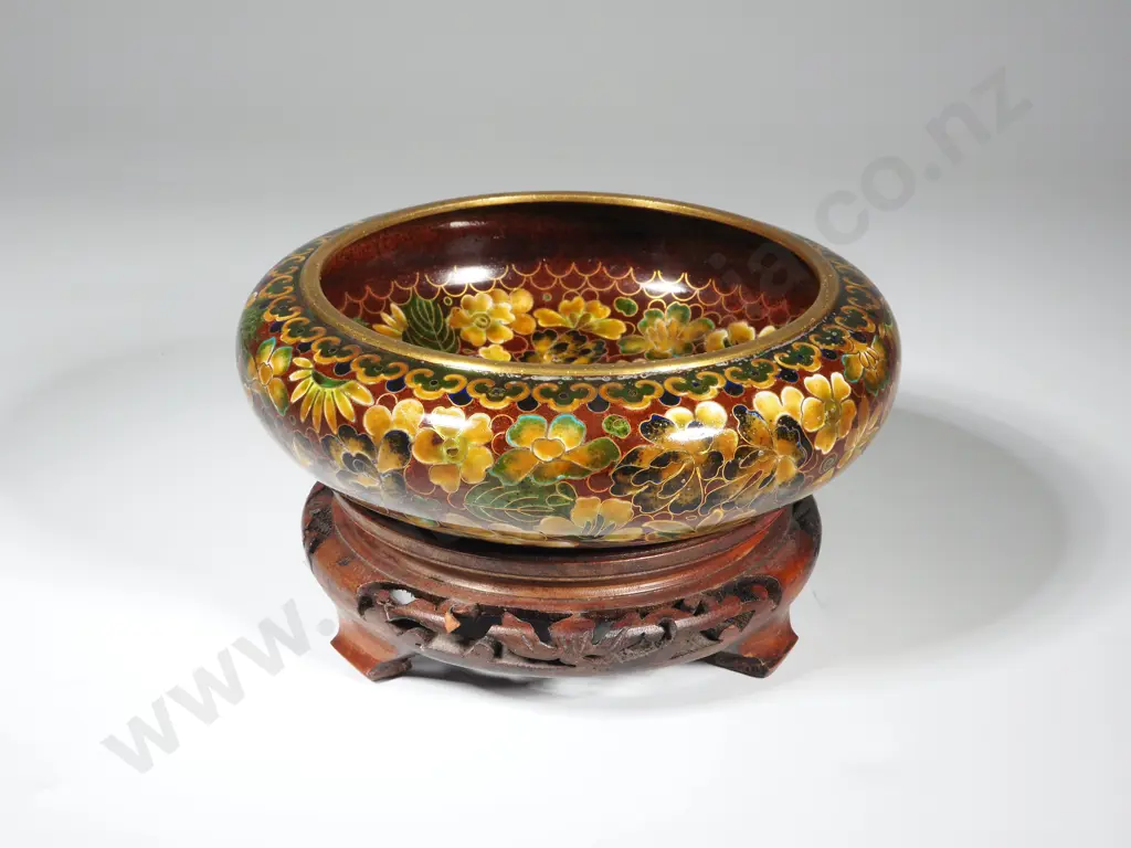Decorative Cloisonné Bowl on  Wooden Stand Image 1++