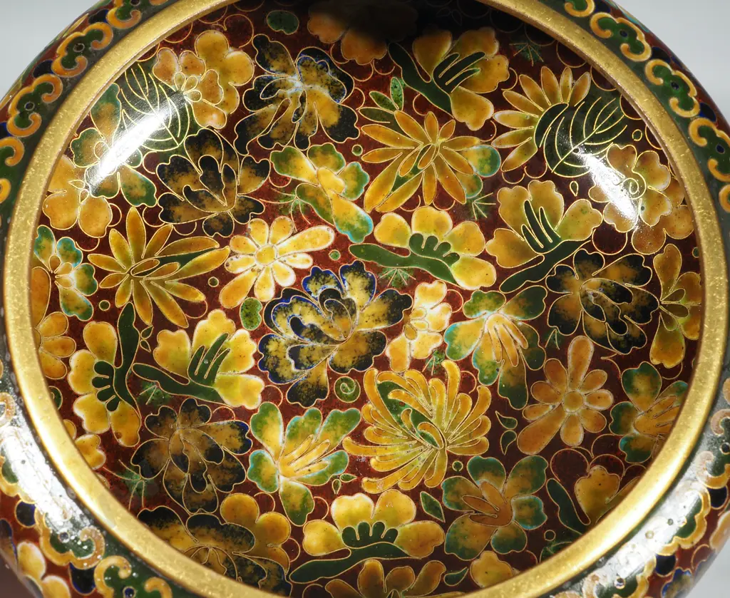 Decorative Cloisonné Bowl on  Wooden Stand Image 1++