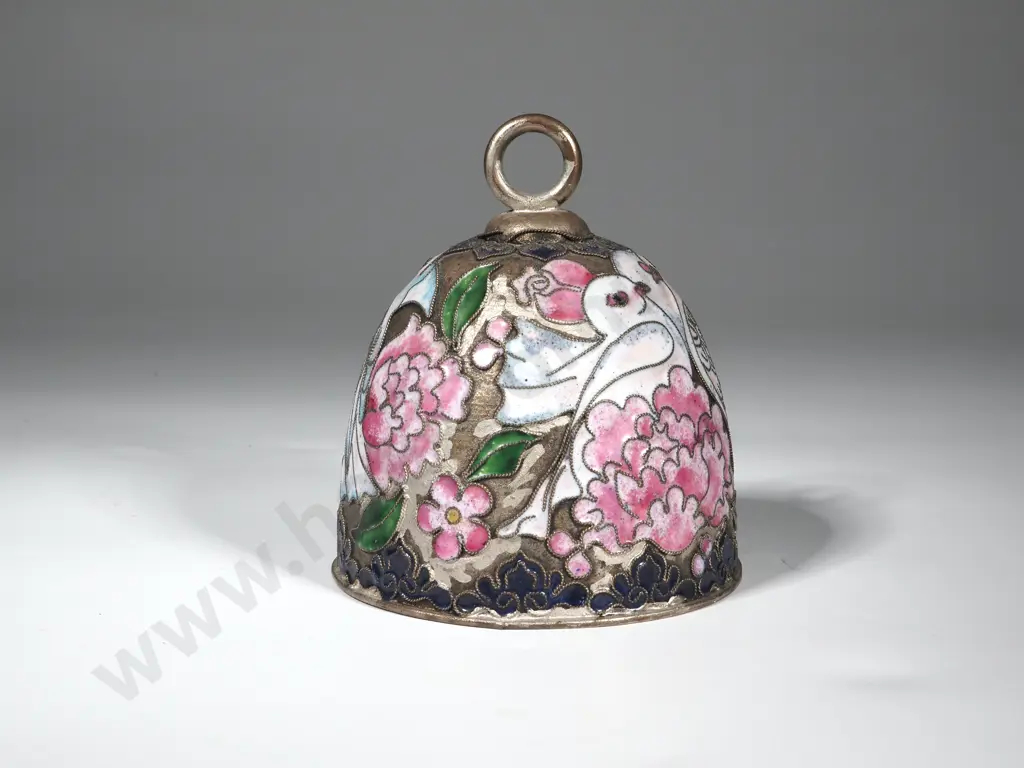 Vintage Cloisonne Wedding Bell. Purple Enamel Interior. Decorated w Doves  Image 1++