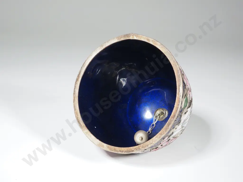 Vintage Cloisonne Wedding Bell. Purple Enamel Interior. Decorated w Doves  Image 1++