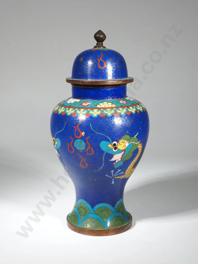 Vintage Blue Ground Cloisonne Lidded Vase Decorated w Yellow Dragons Image 1++