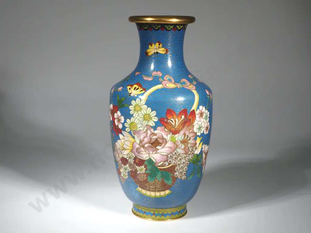 Mid Century Cloisonne Vase. Blue Ground w Flowers & Butterflies  Image 1++