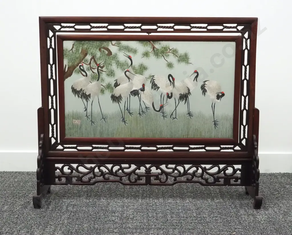 Vintage Chinese Double Sided Silk Screen Depicting Nine Auspicious Cranes In An Ornate Carved Wooden Frame On Stand Image 1++