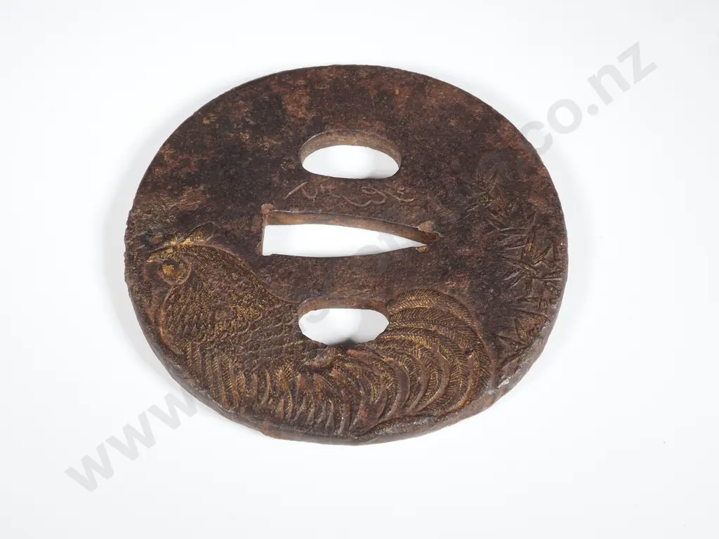 Japanese Tsuba with Gilt Rooster Decoration Image 1++