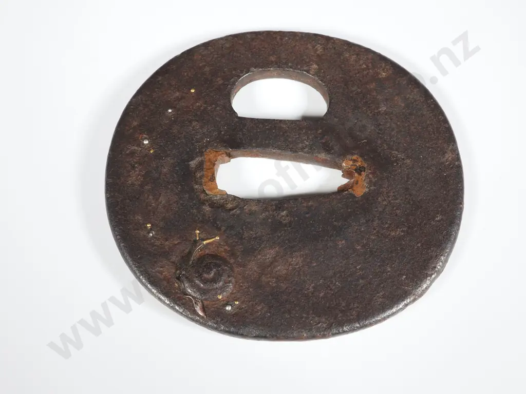 Japanese Iron Tsuba w Gilt Snail Decoration & Silver Dew Drops On Leaves Image 1++