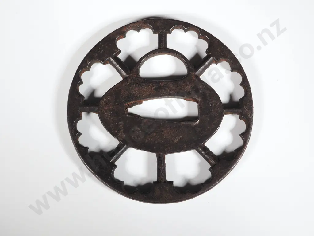 Japanese Iron Tsuba with Open Work Resembling A Wagon Wheel . Image 1++