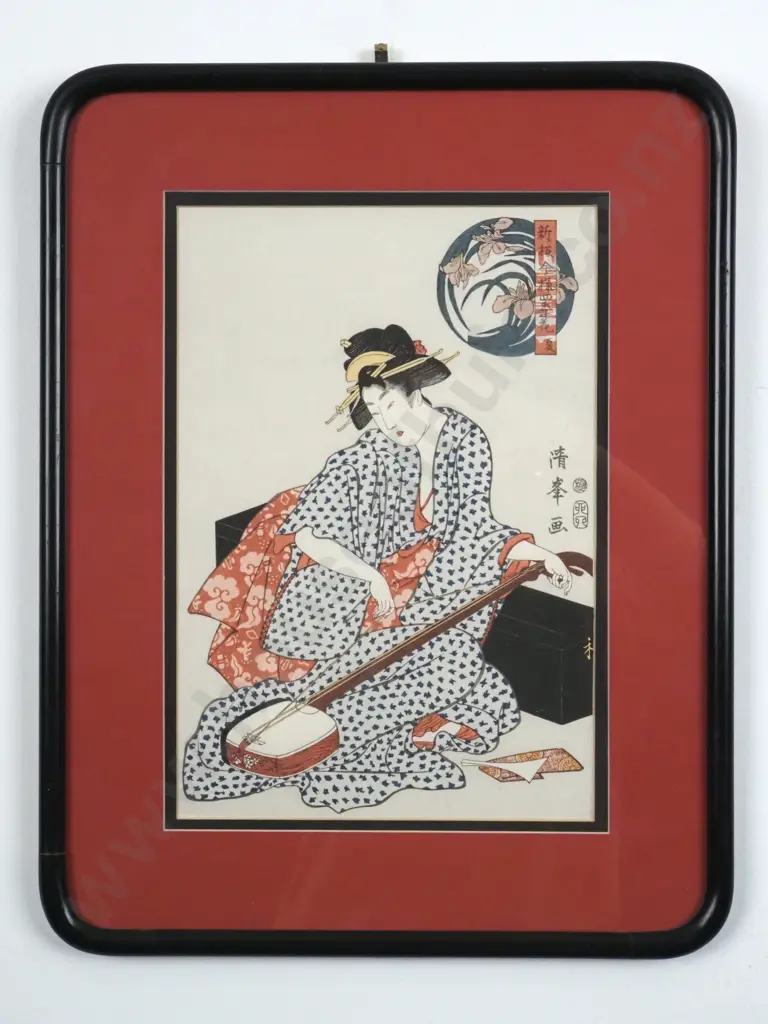 Torii Kiyomine, Geisha Playing A Samisen, Japanese Woodblock Print Image 1++