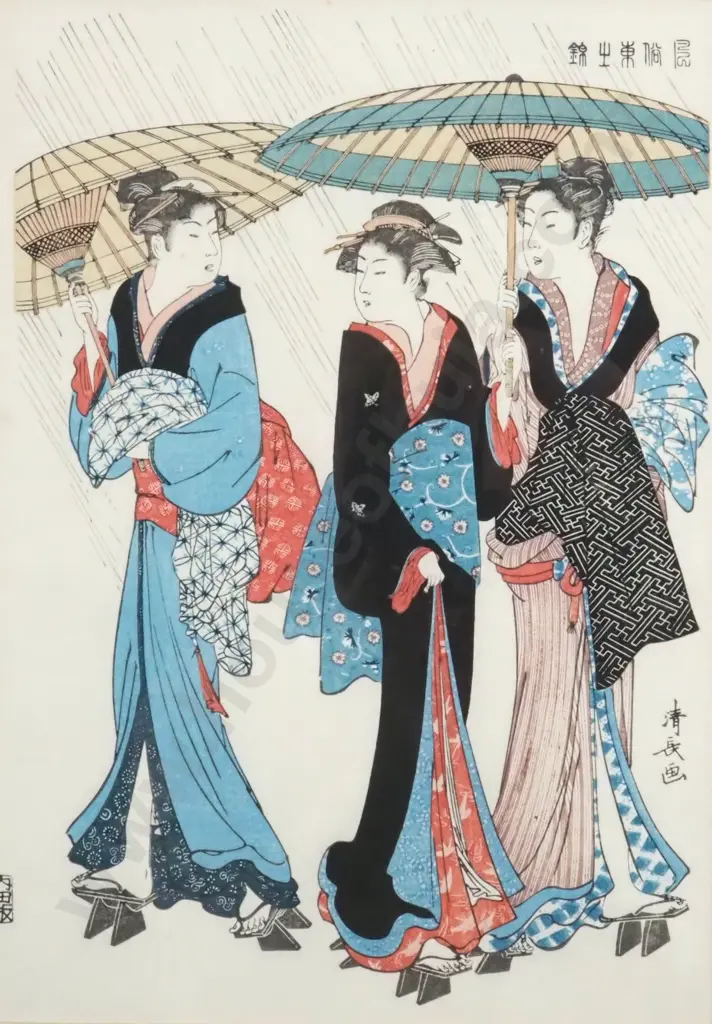Torii Kiyonaga, Three Women Strolling Elegantly In The Rain. Japanese Woodblock Print Image 1++