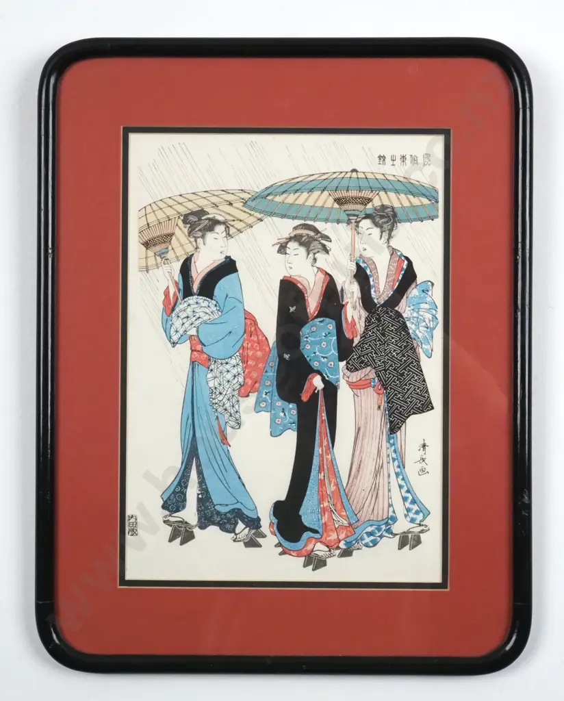 Torii Kiyonaga, Three Women Strolling Elegantly In The Rain. Japanese Woodblock Print Image 1++