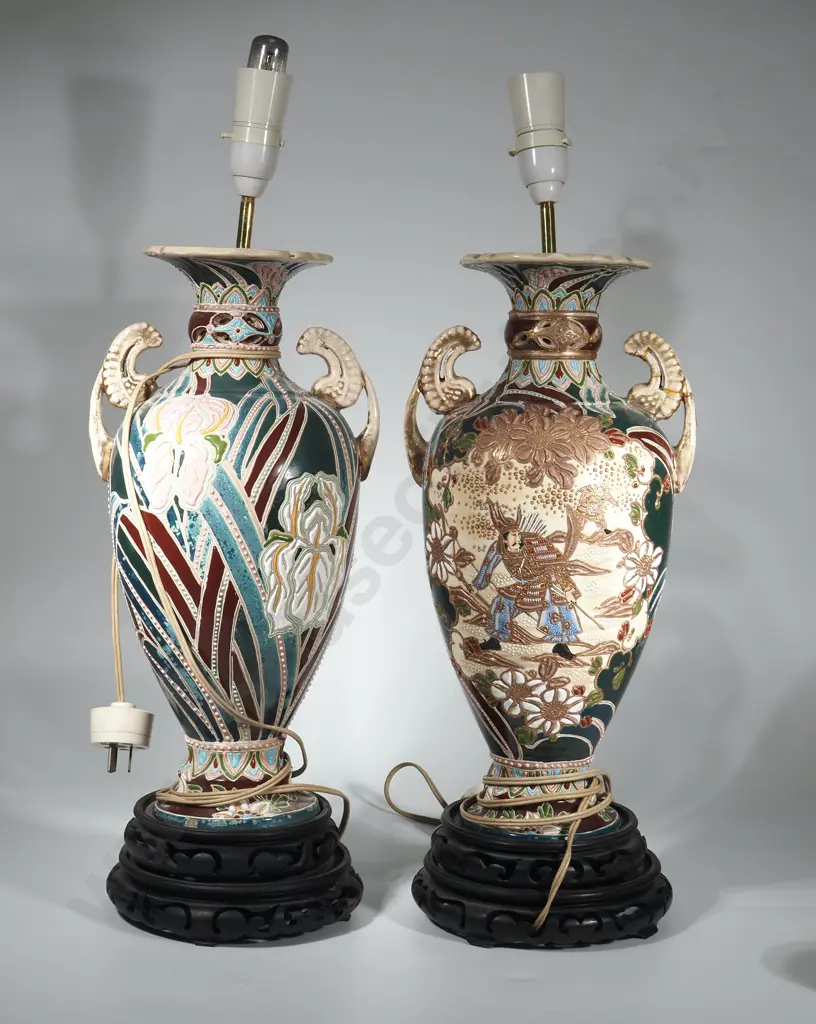 Pair of Satsuma Style Lamps (Converted from Vases) On Wooden Oriental Stands Image 1++