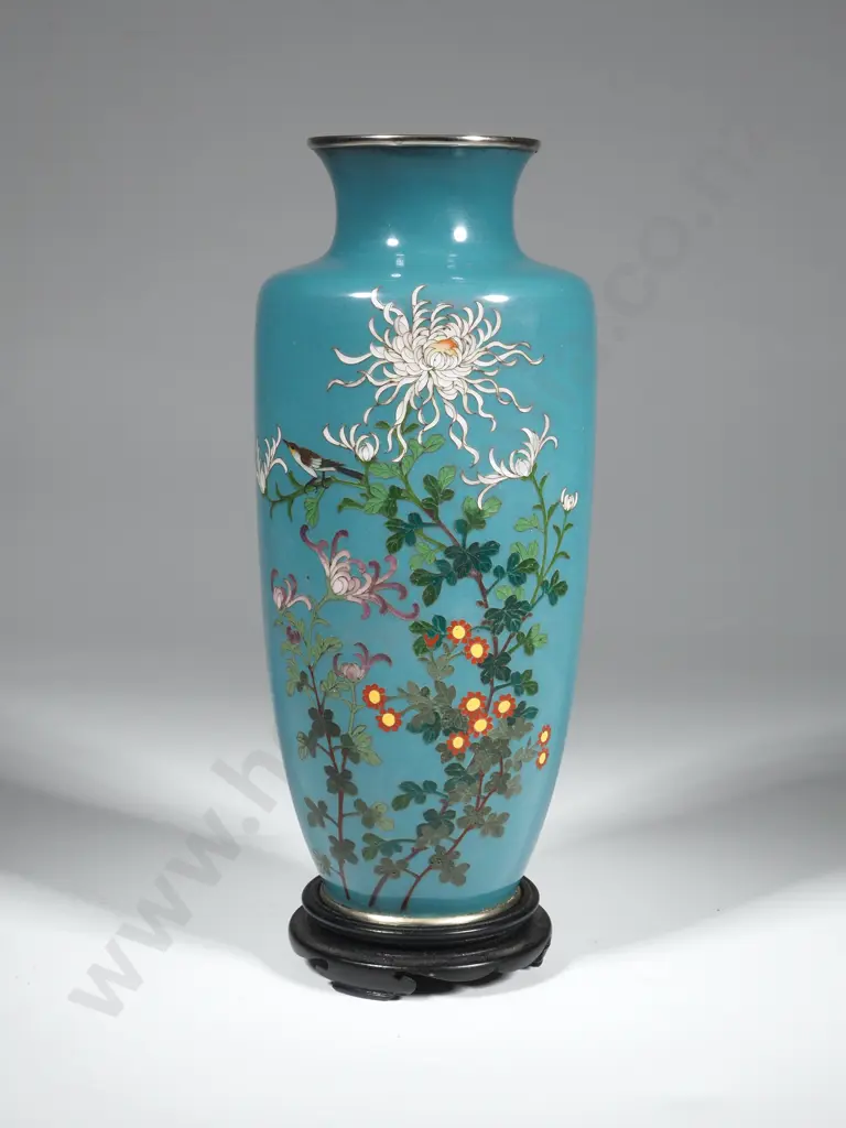 Antique Japanese Late Meiji Period Cloisonne Enamel Vase. Blue Ground Decorated with Floral Motifs & With Silver Trim  Image 1++