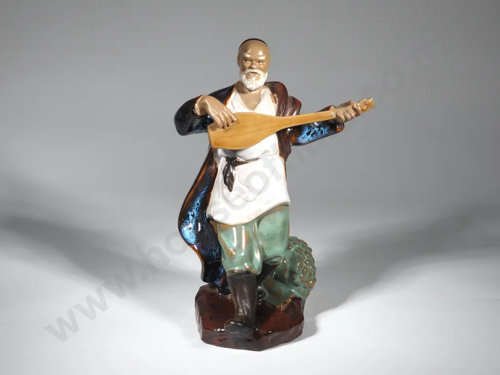 Vintage Chinese Mudman Figure Depicting A Musician Playing A Stringed Instrument  Image 1++