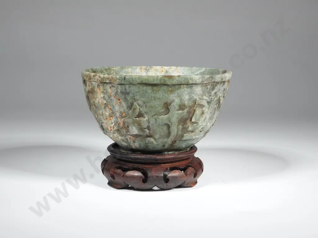 Antique Carved Stone Bowl x Wooden Stand Image 1++