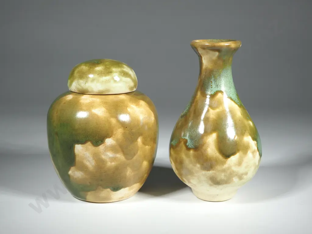 One Ginger Jar and Vase w Mottled Olive Green/Cream/Turquoise Glaze Image 1++