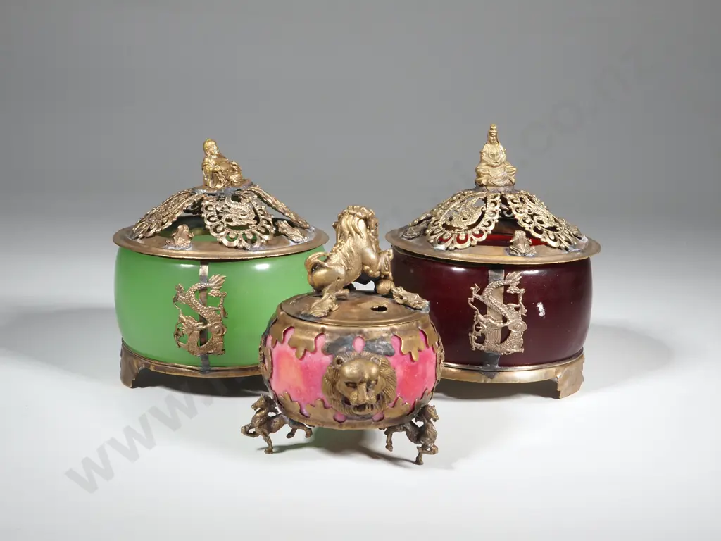 Two Asian Lidded Vintage Boxes & One Incense Burner.  All w Metal Stands & Decoration Image 1++