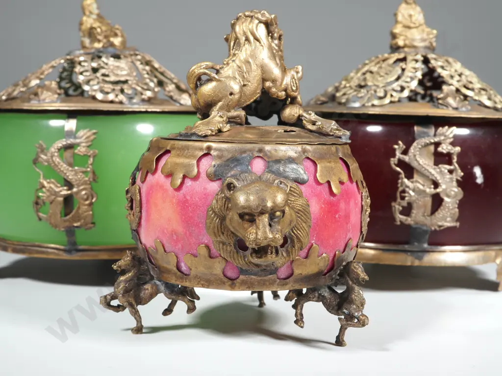 Two Asian Lidded Vintage Boxes & One Incense Burner.  All w Metal Stands & Decoration Image 1++