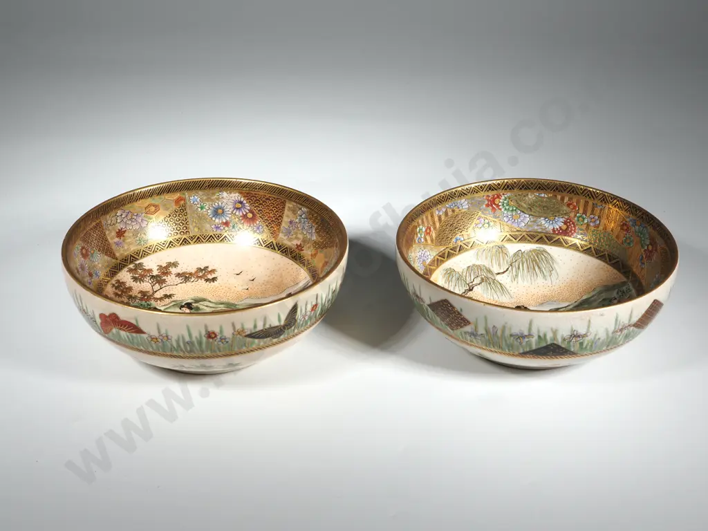 Two Intricate Satsuma Bowls Hand-painted By Shuzan.. Interior Scenes Of Figures In a  Landscape Image 1++