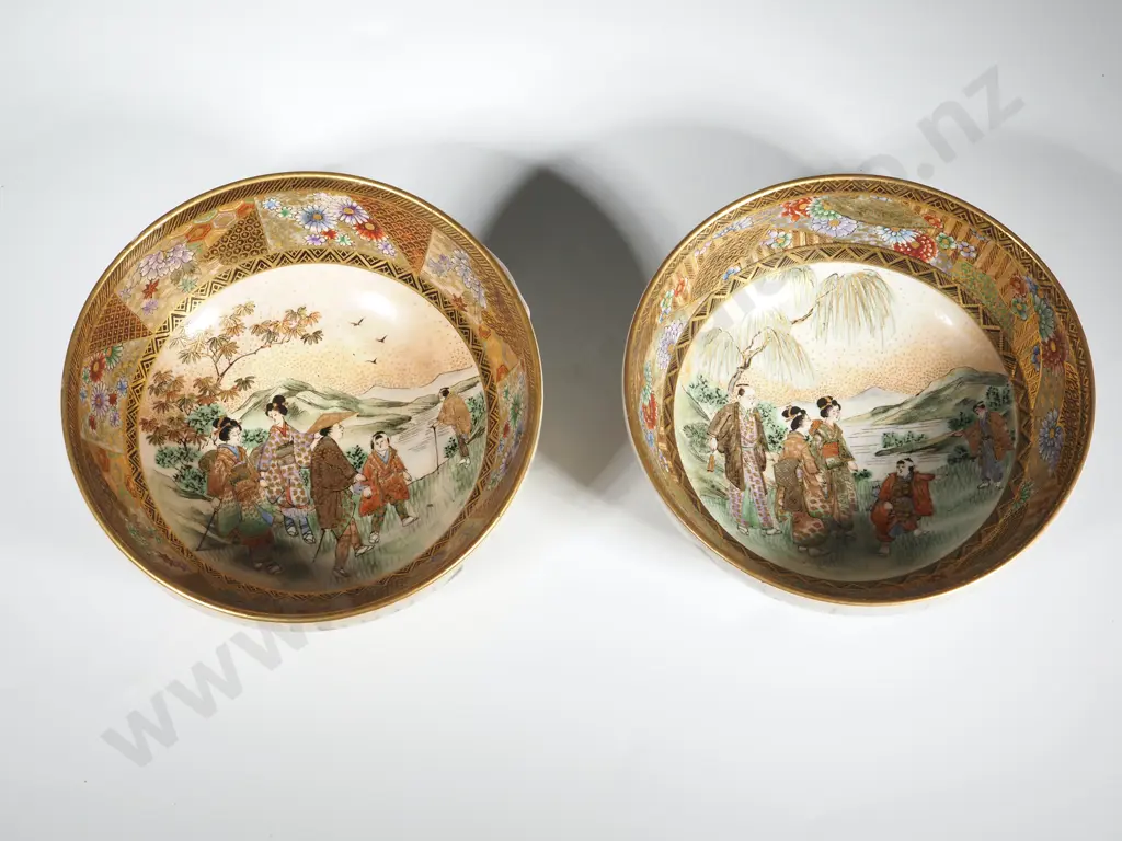Two Intricate Satsuma Bowls Hand-painted By Shuzan.. Interior Scenes Of Figures In a  Landscape Image 1++