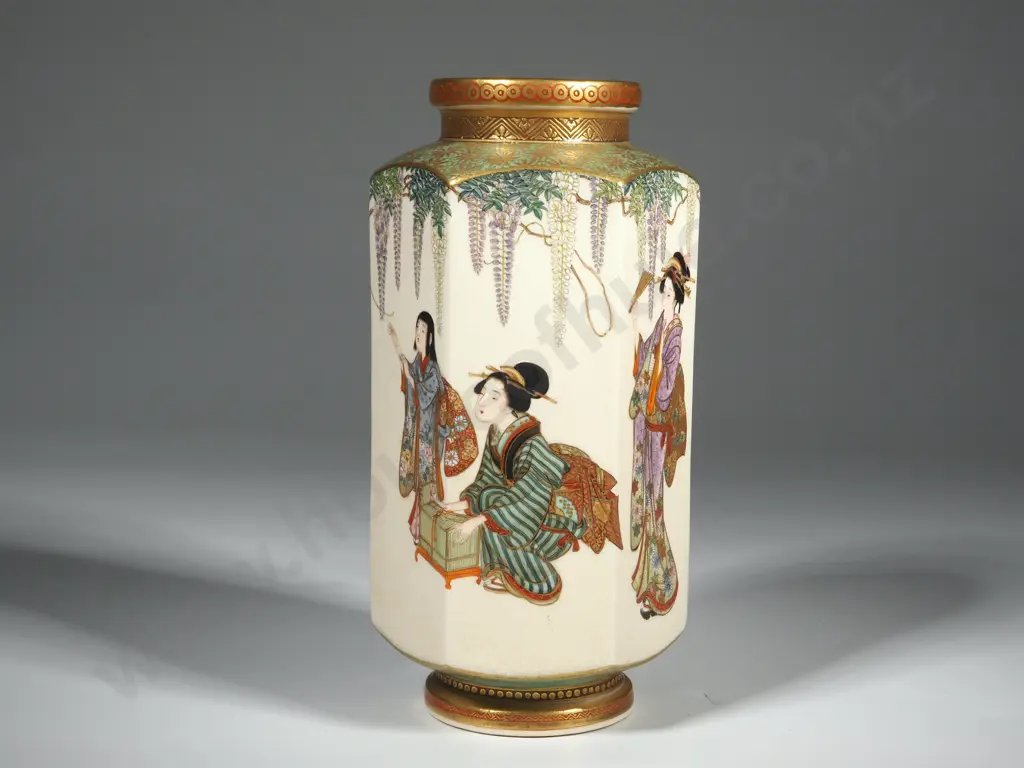 Fine Hexagonal  Hand Painted Satsuma Vase Depicting Geisha Girls. Signed Underneath Image 1++
