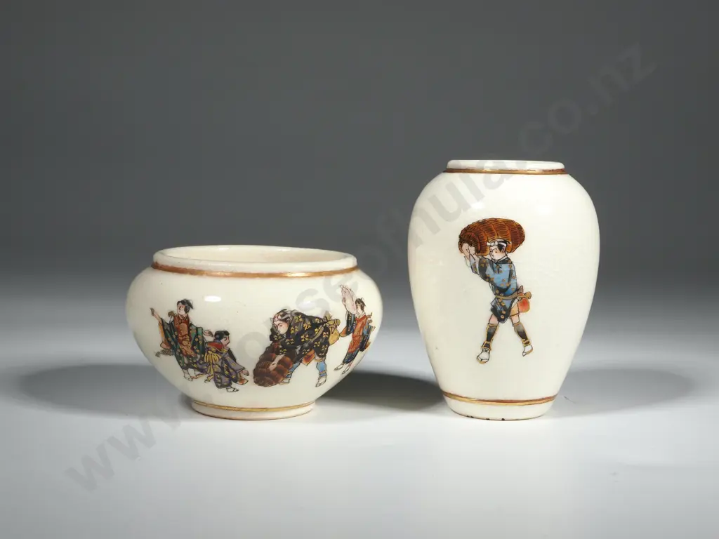 Japanese Finely Painted Satsuma Miniature Jardiniere & Vase on Cream Crackle Glaze Ground w Gold Trim. Image 1++