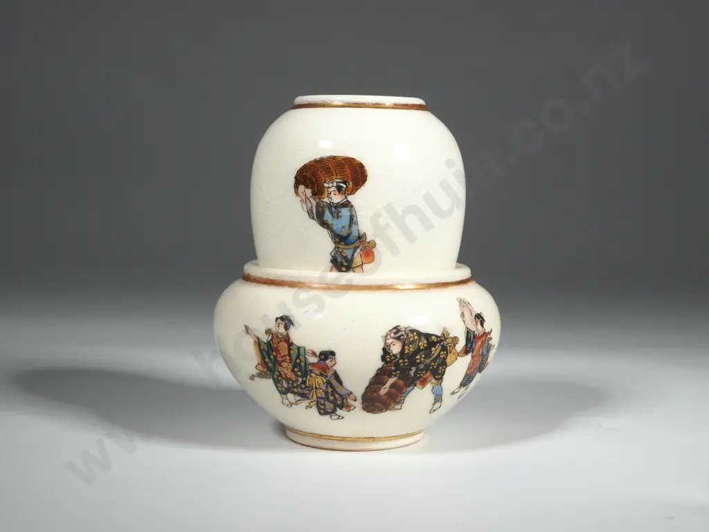 Japanese Finely Painted Satsuma Miniature Jardiniere & Vase on Cream Crackle Glaze Ground w Gold Trim. Image 1++
