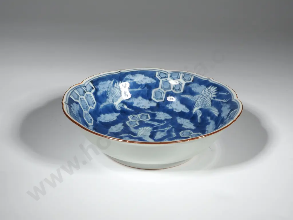 Japanese Blue & White Imari Bowl - Possibly Meiji Period. Character Marks  & Two Blue Rings To Base.Decorated w Storks Image 1++