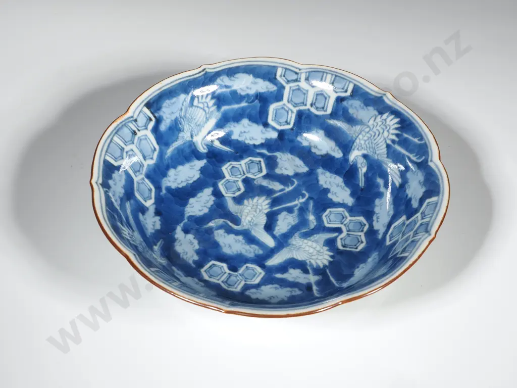 Japanese Blue & White Imari Bowl - Possibly Meiji Period. Character Marks  & Two Blue Rings To Base.Decorated w Storks Image 1++