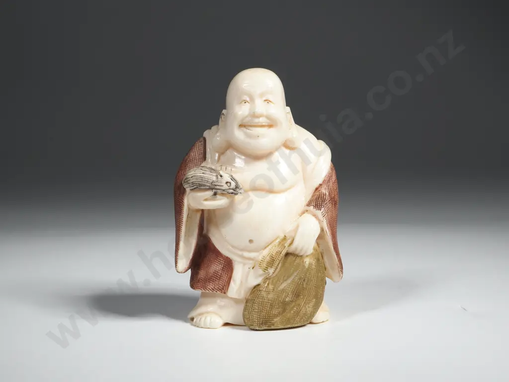 Japanese Netsuke Buddha Style Man w Rat. Signed on Bottom. Image 1++