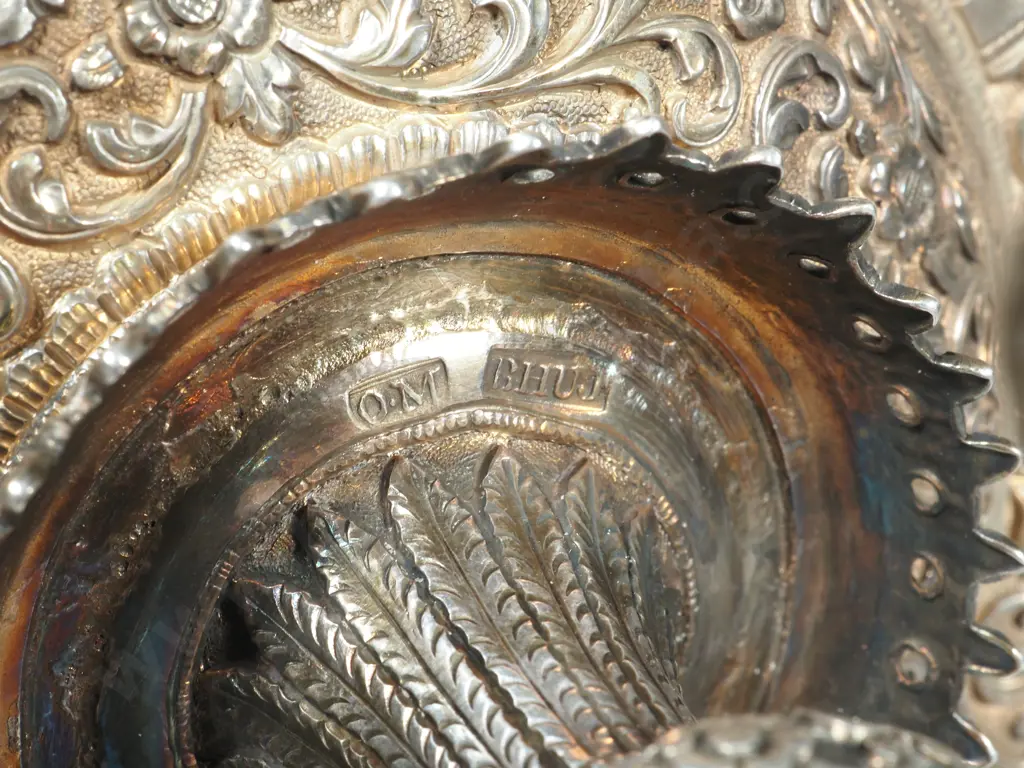 Antique Late 19th Century . India Kutch Silver Footed Figural Tazza/Compote. Hallmarked OM for Oomersi Mawji Image 1++