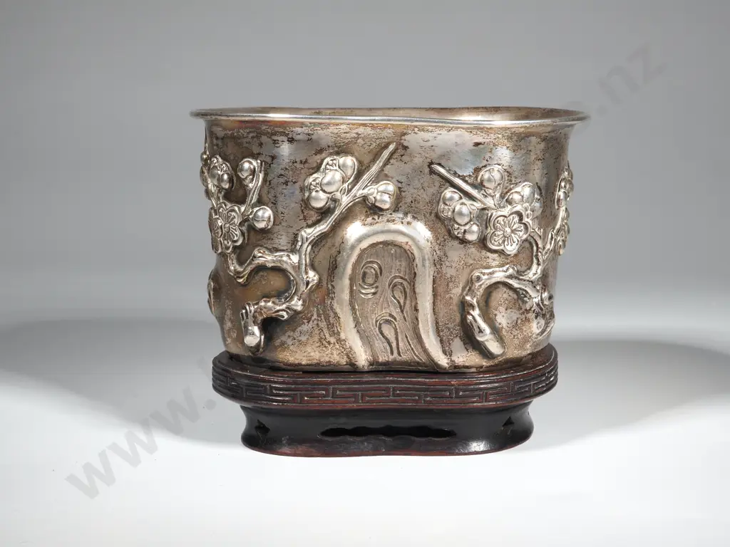 Chinese Export Silver Shaped Bowl  Late Qing Dynasty. In The Form Of A Trunk & Decorated In High Relief With Prunus Image 1++