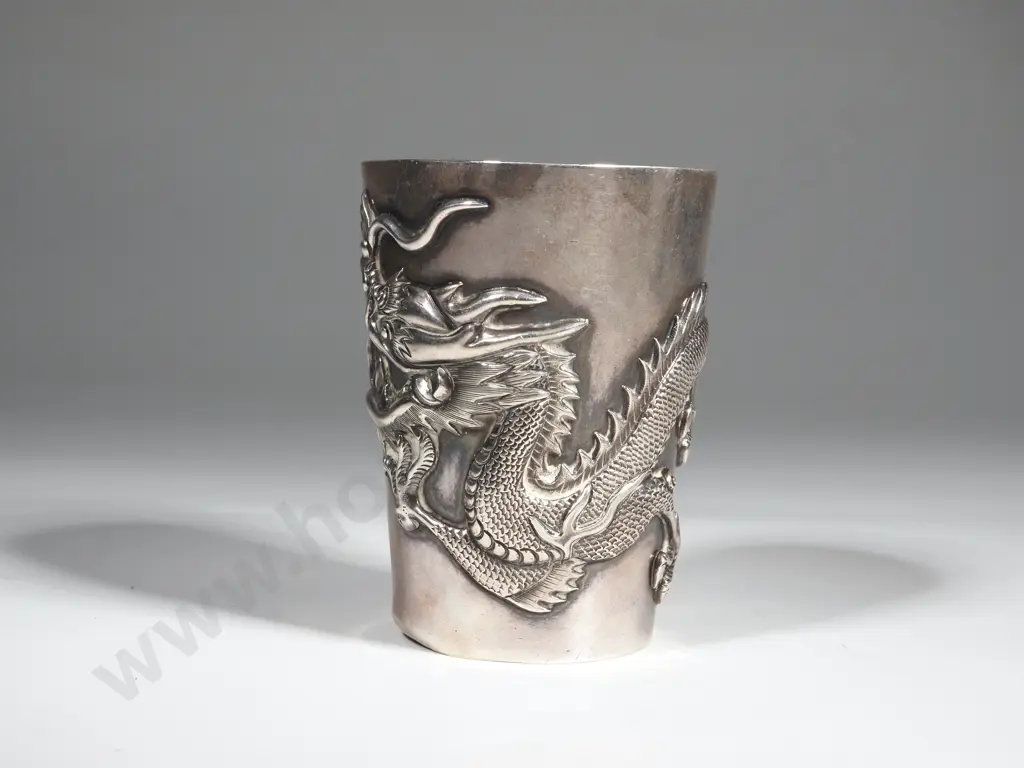 Antique Chinese Sterling Silver Beaker. Heavily Embossed With Dragons. Image 1++