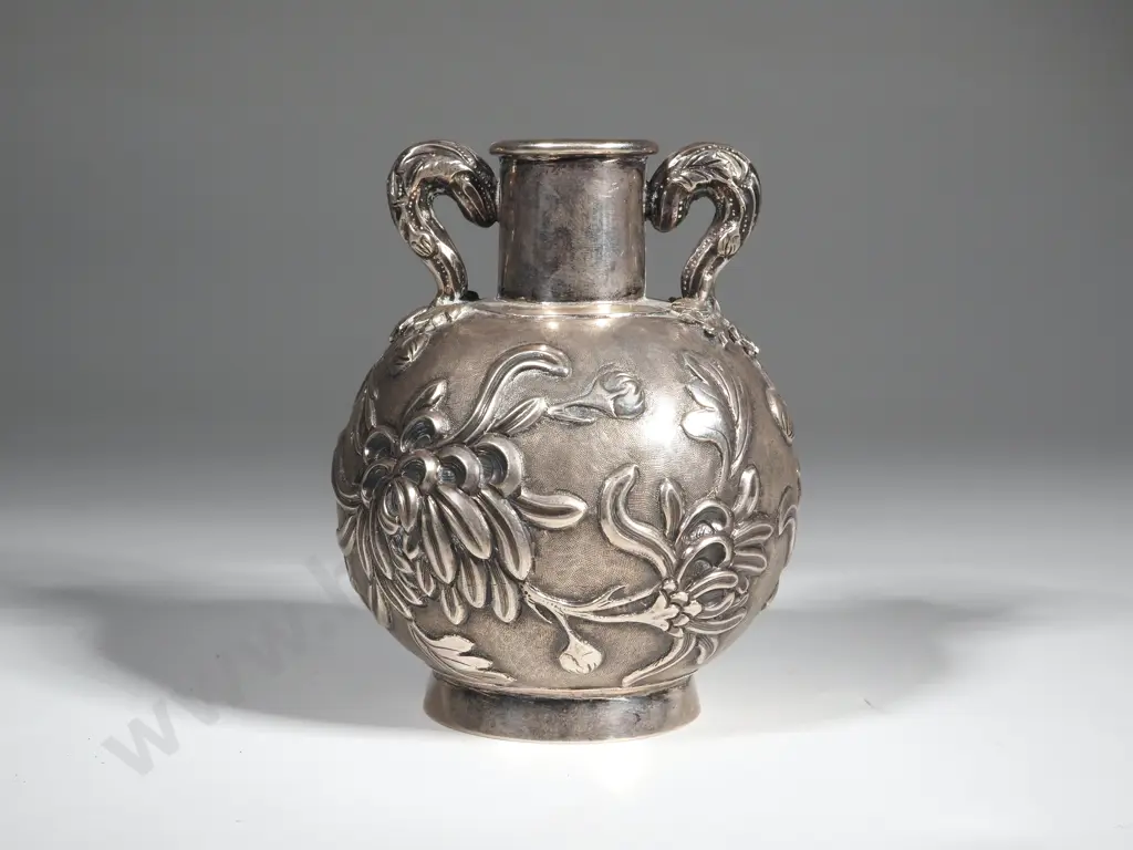 A Chinese Export Vase, Luen Wo, Shanghai. Late 19th & 20th Century. Bulbous Body Moulded With Crysanthemums  & Foliage Image 1++