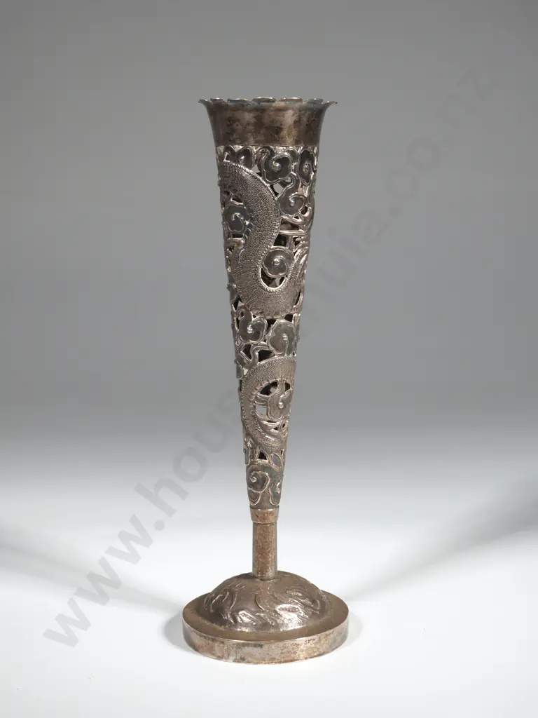 Antique Chinese Export Silver Pierced Trumpet Vase by Wang Hing, Dragon Soaring Amongst Clouds Image 1++