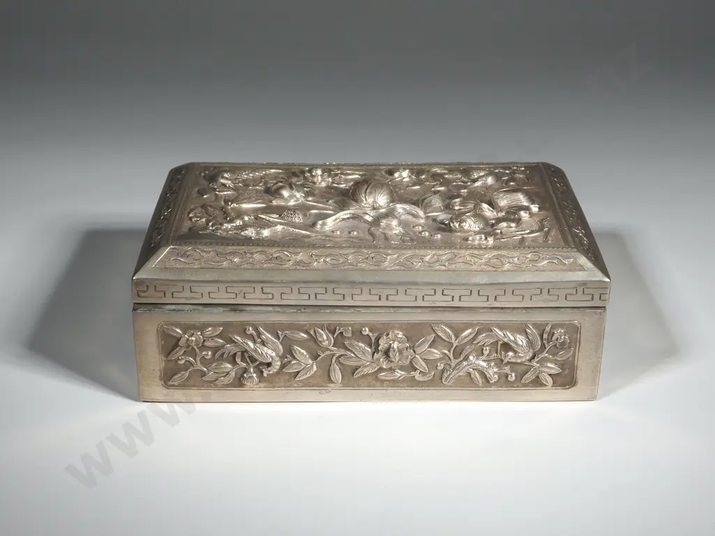 Embossed Chinese Export Silver Box With Flowers, Birds & Fish  Image 1++