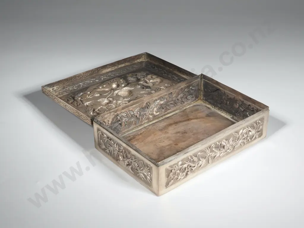 Embossed Chinese Export Silver Box With Flowers, Birds & Fish  Image 1++