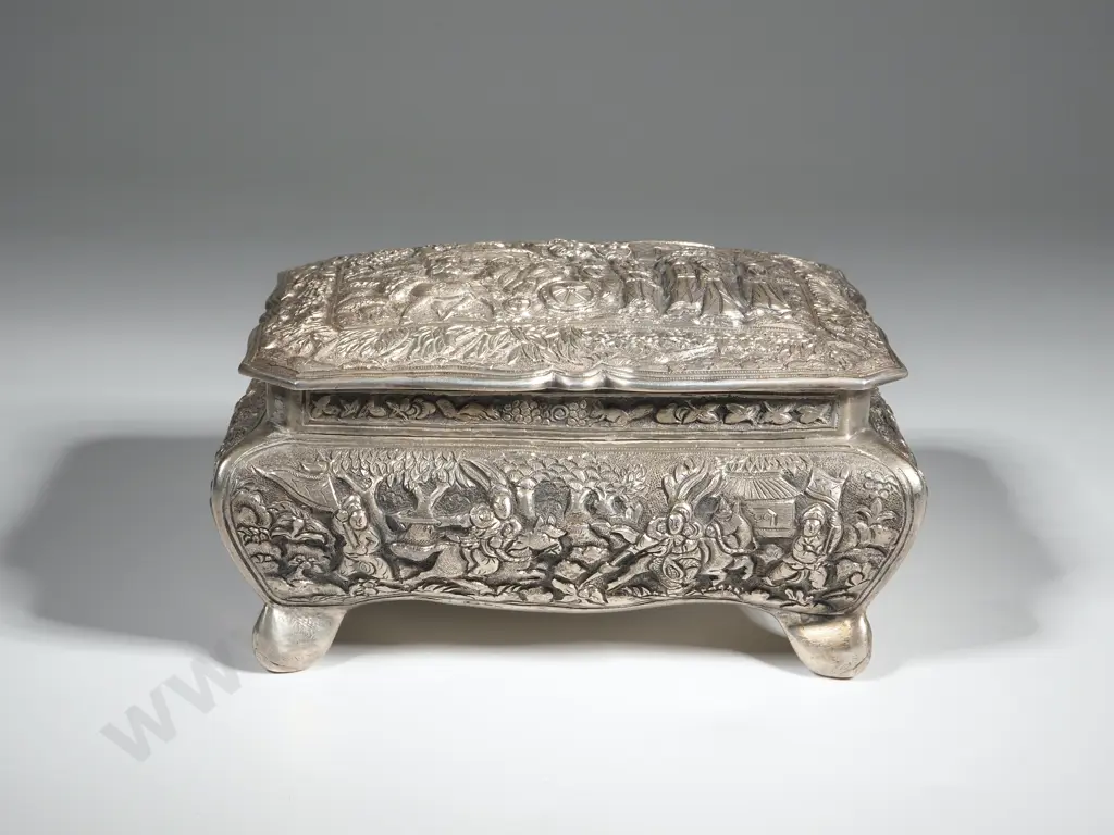Chinese Export Silver Bombe Shaped Box, Village Scene Top With Mounted Warriors Around The Base. Signed Underneath  Image 1++