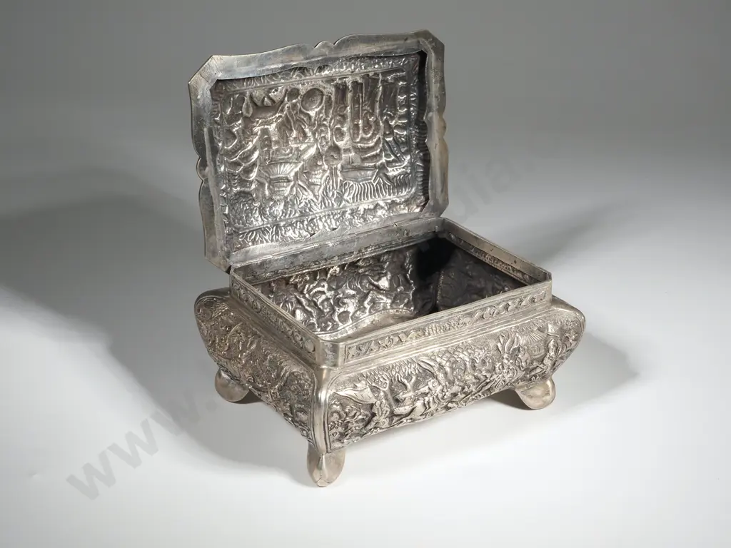 Chinese Export Silver Bombe Shaped Box, Village Scene Top With Mounted Warriors Around The Base. Signed Underneath  Image 1++