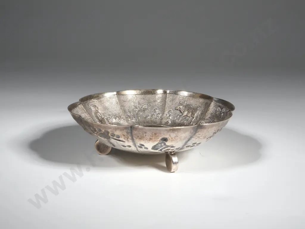 Sterling Silver Footed Bowl w Oriental Farming Scenes Image 1++