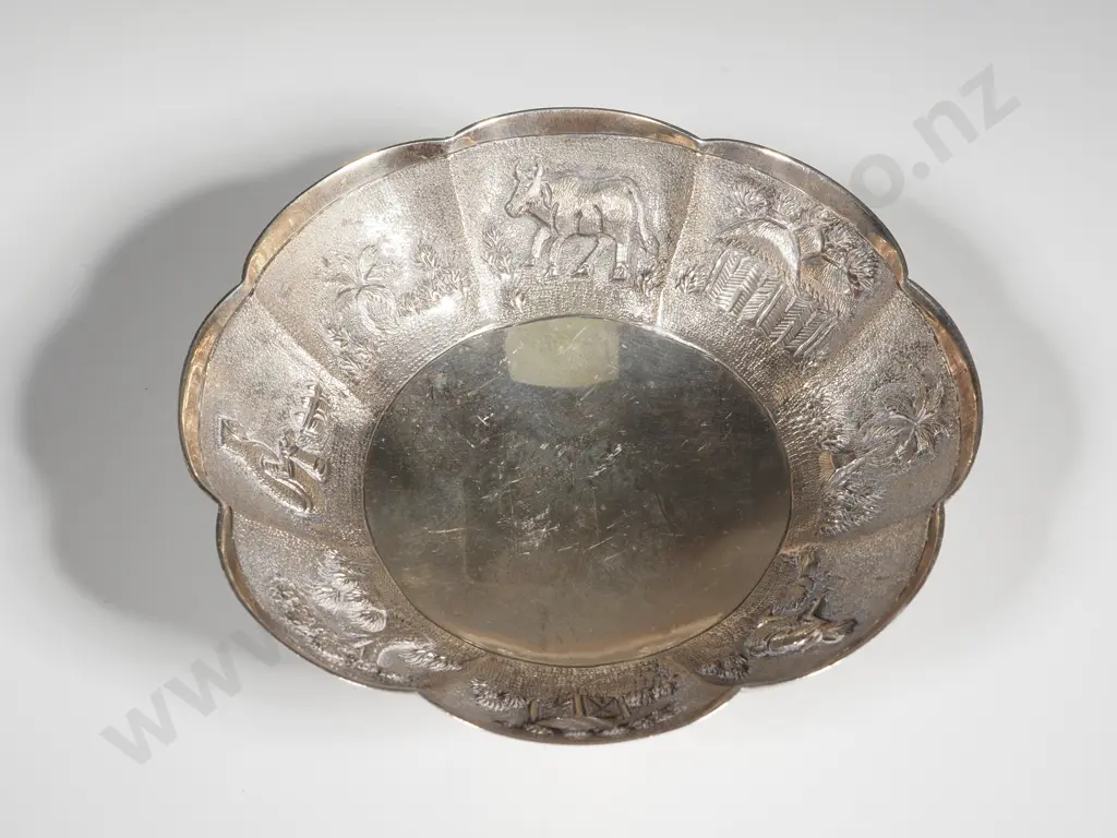 Sterling Silver Footed Bowl w Oriental Farming Scenes Image 1++