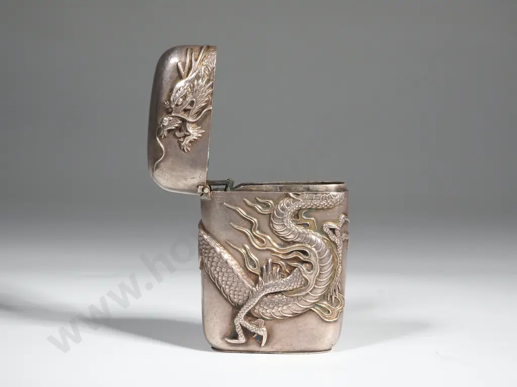 Chinese Sterling Silver Vesta Box With Highly Embossed Mythical Dragon. Image 1++