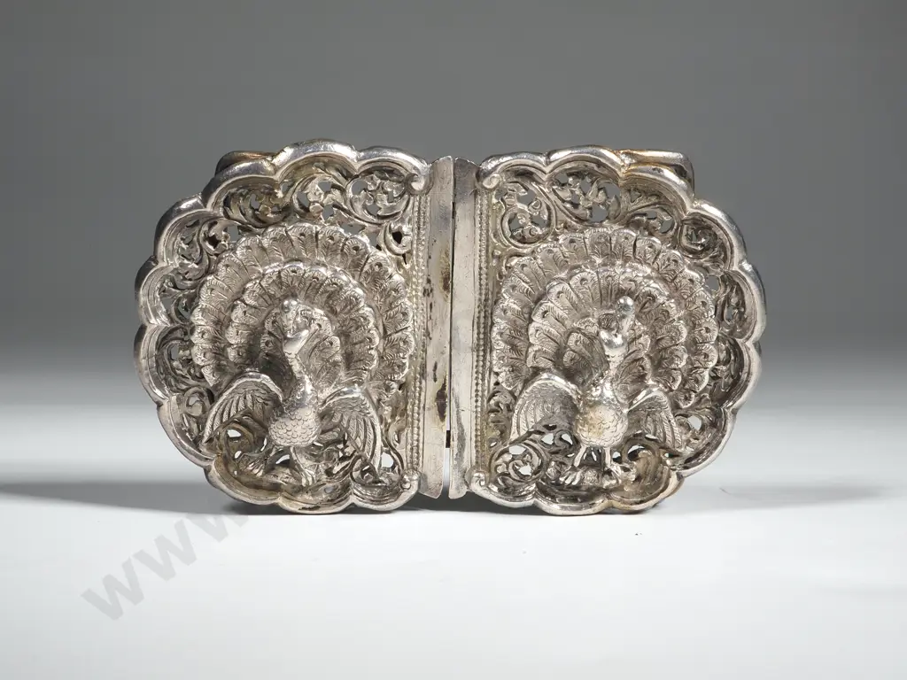 Antique Sterling Silver Belt Buckle With Heavily Embossed Peacocks  Image 1++