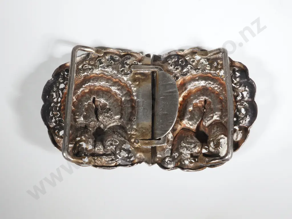 Antique Sterling Silver Belt Buckle With Heavily Embossed Peacocks  Image 1++