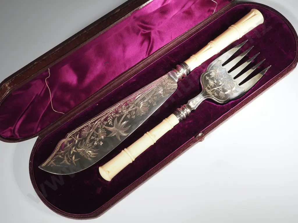 Silver Plate Fish Servers With Ivory Bamboo Shaped Handles. The Blades Decorated w Engraving In The Aesthetic Style Image 1++