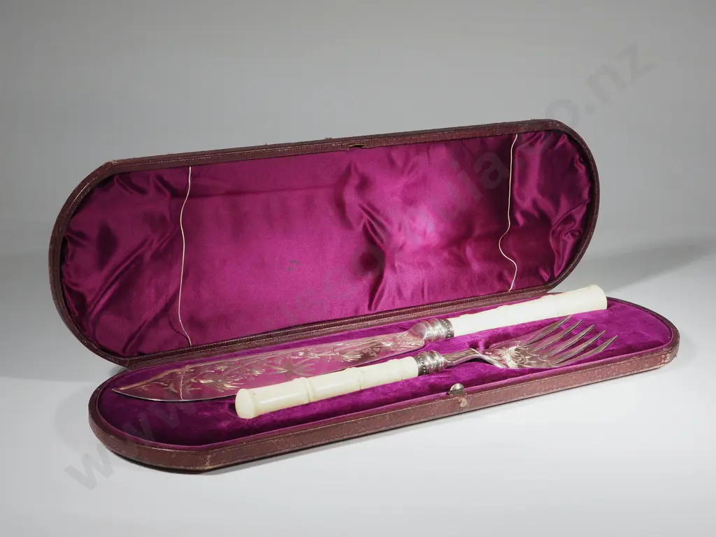 Silver Plate Fish Servers With Ivory Bamboo Shaped Handles. The Blades Decorated w Engraving In The Aesthetic Style Image 1++