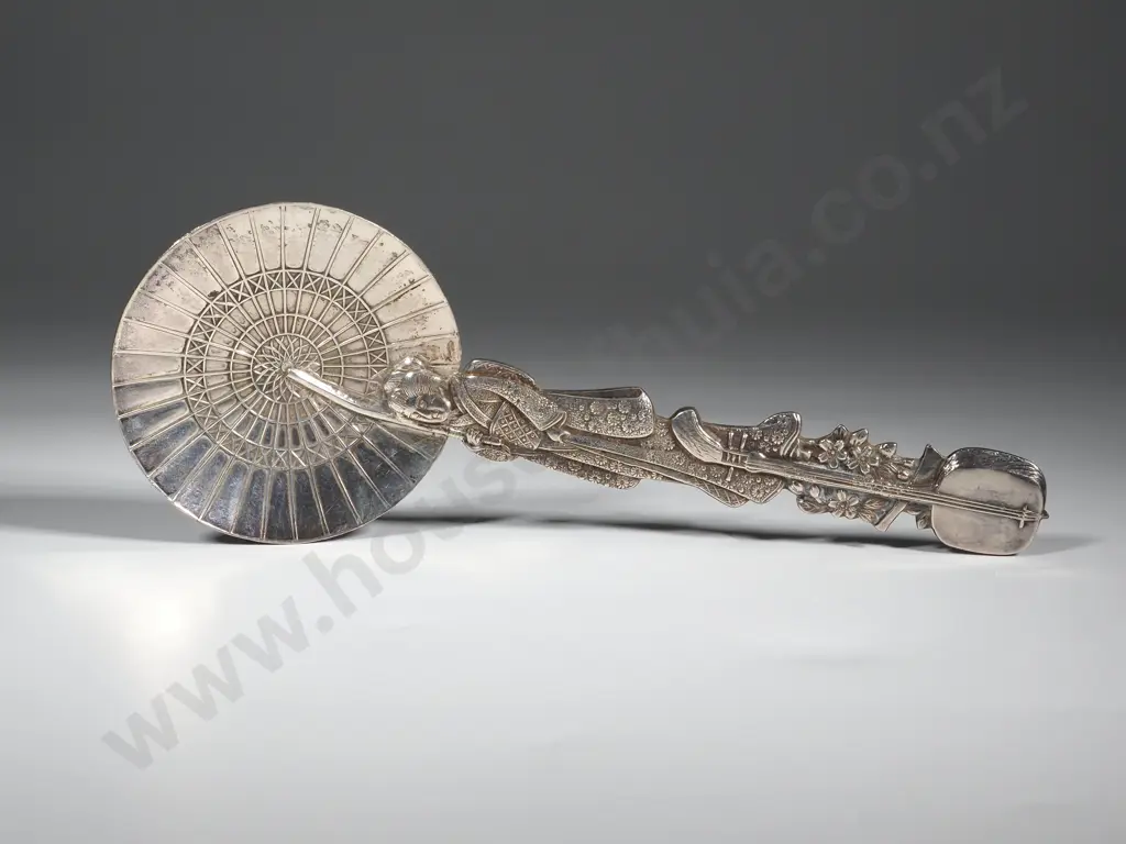 Sterling Silver (950) Caddy Spoon Modelled As A Geisha Girl w Parasol. Signed. Image 1++