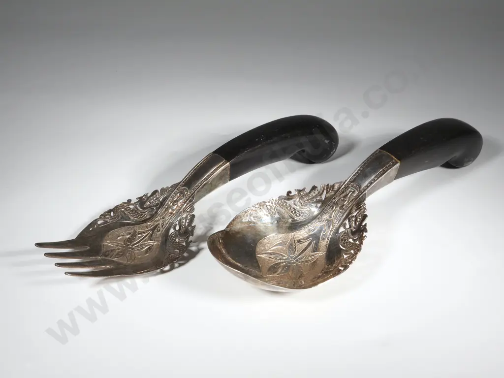 Pair Of South East Asian Silver Salad Servers With Horn Handles. Arabic Mark On Back, Possibly Indonesian  Image 1++
