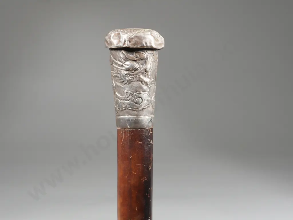 Vintage Walking Stick Chinese Silver with Malacca Cane Has Makers Mark  Knob end with Dragon in Ex Image 1++