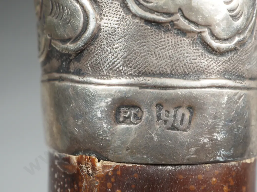 Vintage Walking Stick Chinese Silver with Malacca Cane Has Makers Mark  Knob end with Dragon in Ex Image 1++